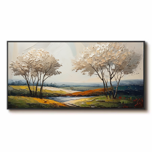 Paysage rural avec des arbres en fleurs