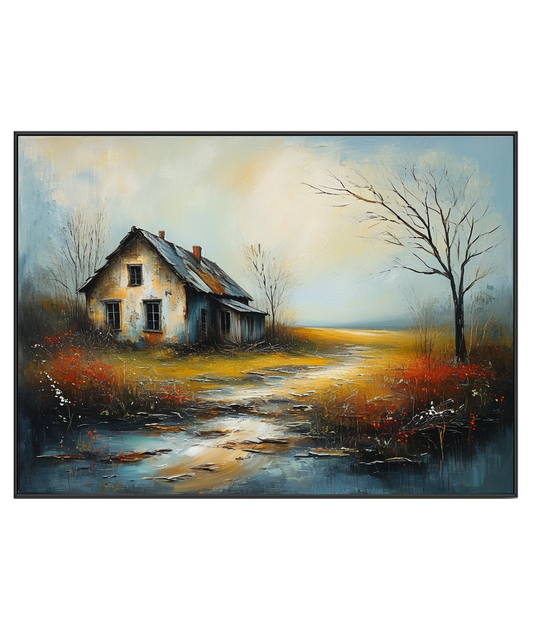 كوخ مهجور في المناظر الطبيعية الشتوية