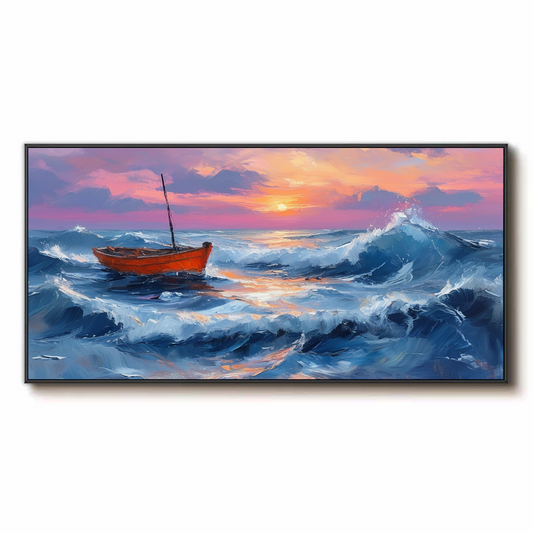 Bateau solitaire dans une mer agitée au coucher du soleil