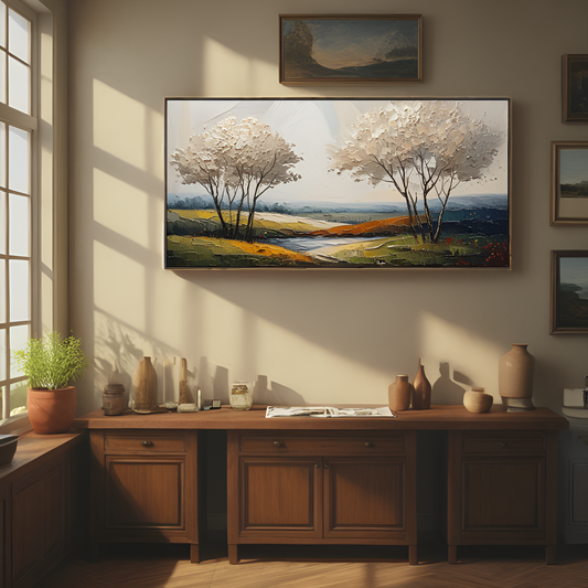 Paysage rural avec des arbres en fleurs