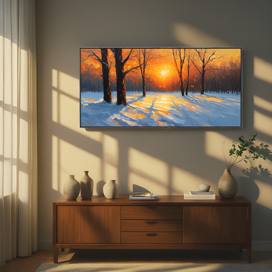 Coucher de soleil d'hiver dans la forêt