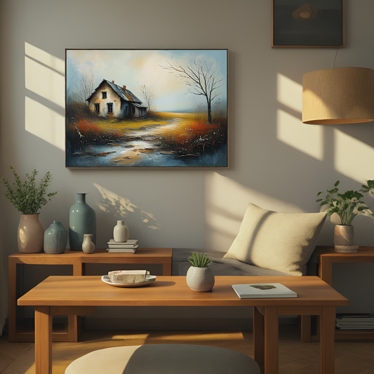 كوخ مهجور في المناظر الطبيعية الشتوية