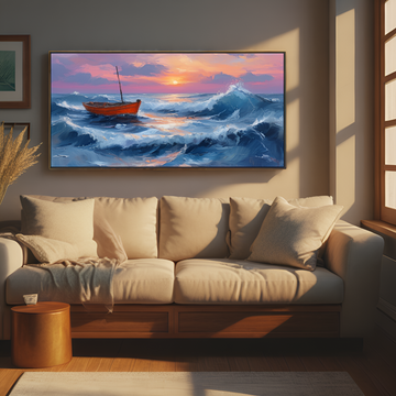 Solitary Boat in Stormy Seas at Sunset