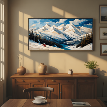 الجبال المغطاة بالثلوج والمتزلجين