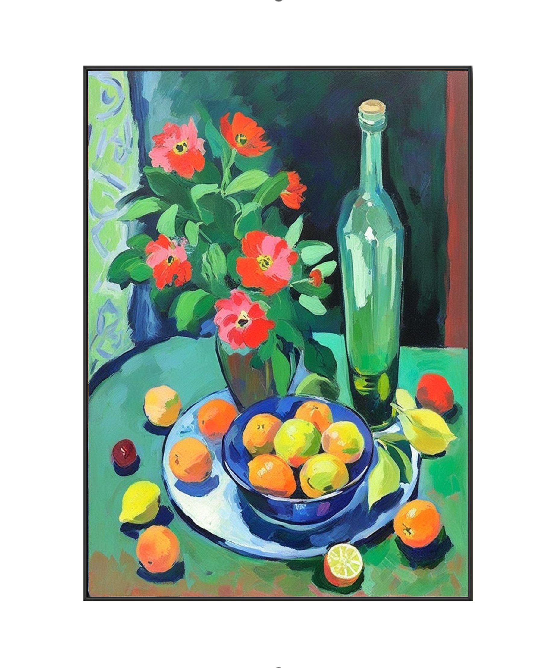 Symphonie de natures mortes : fruits, fleurs et bouteille 