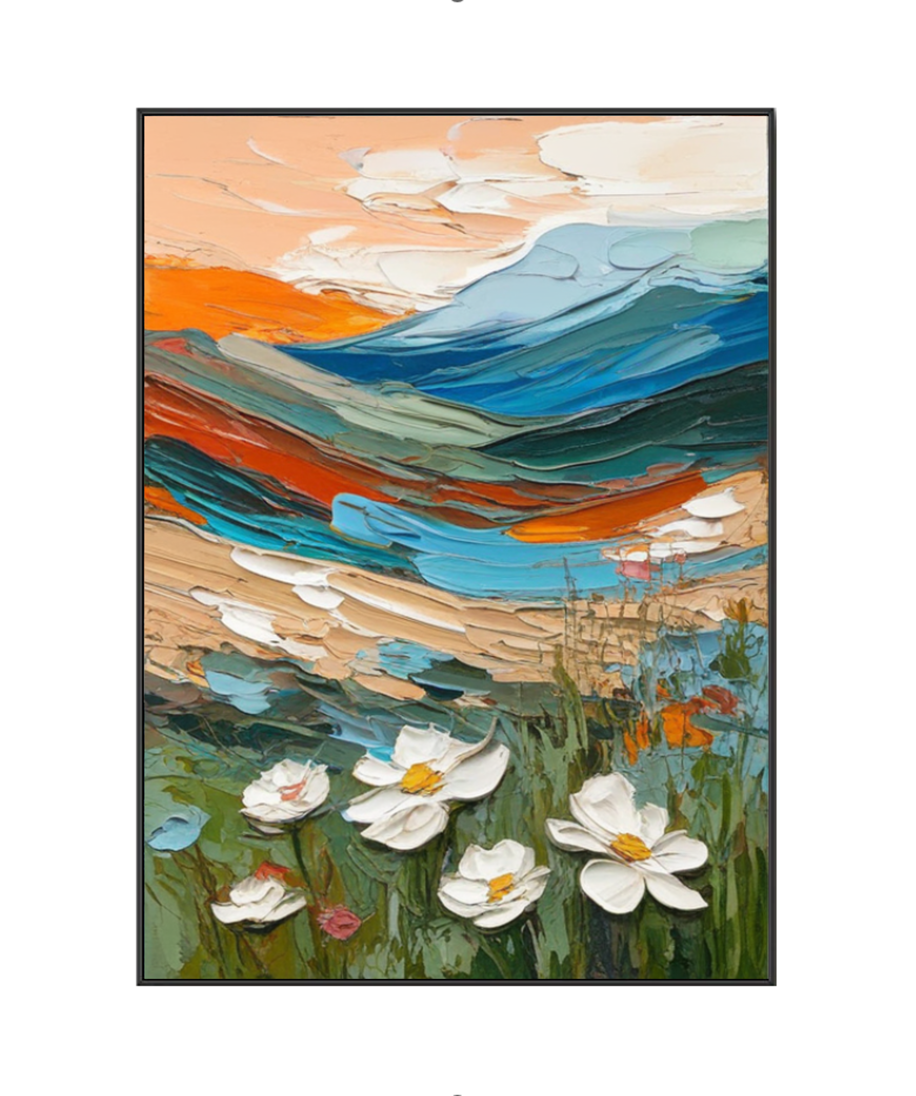 Enchanted Landscape at Dusk: Where Mountains and Flowers Converge