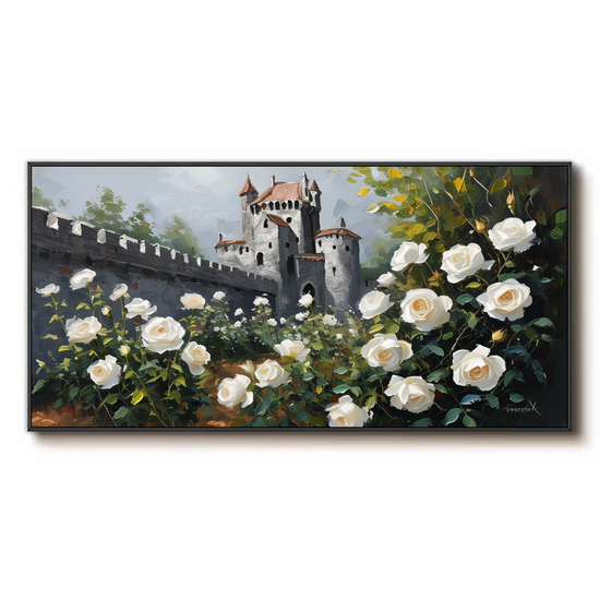 Château entouré de roses blanches 