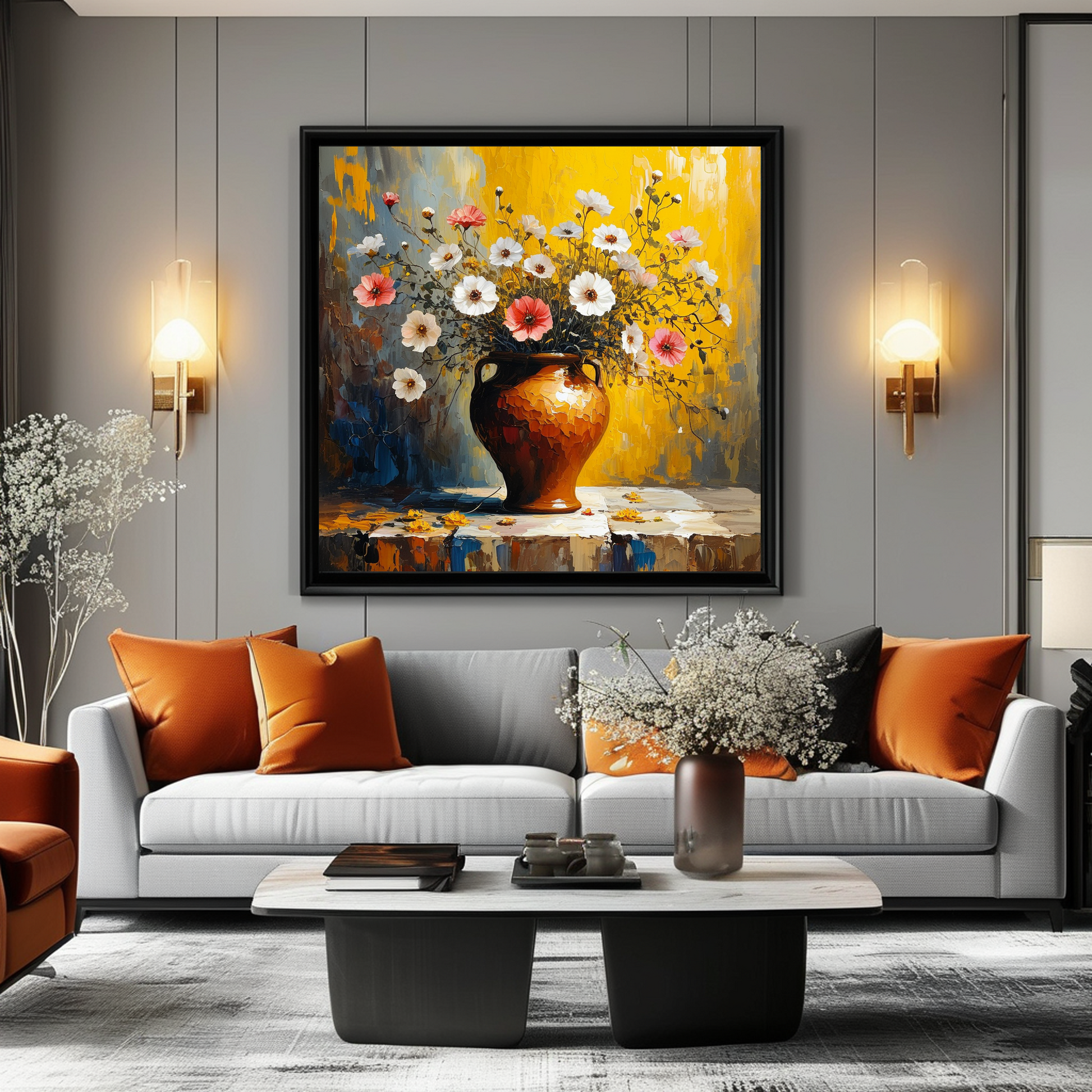 Sunlit Symphony of Flowers in Earthen Vase