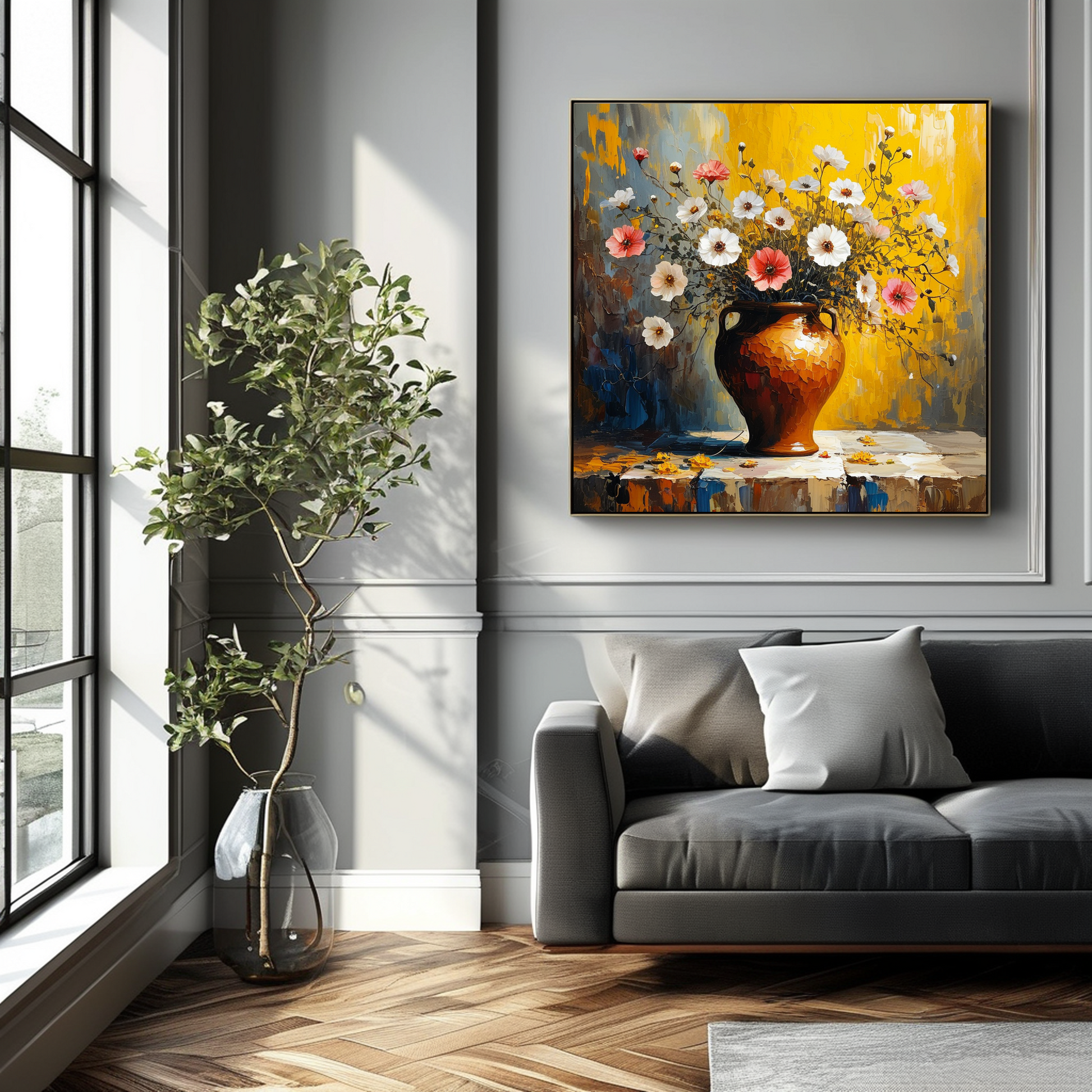 Sunlit Symphony of Flowers in Earthen Vase