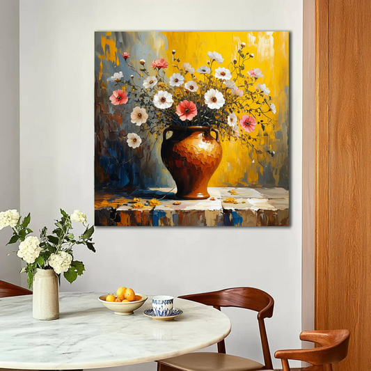 Sunlit Symphony of Flowers in Earthen Vase