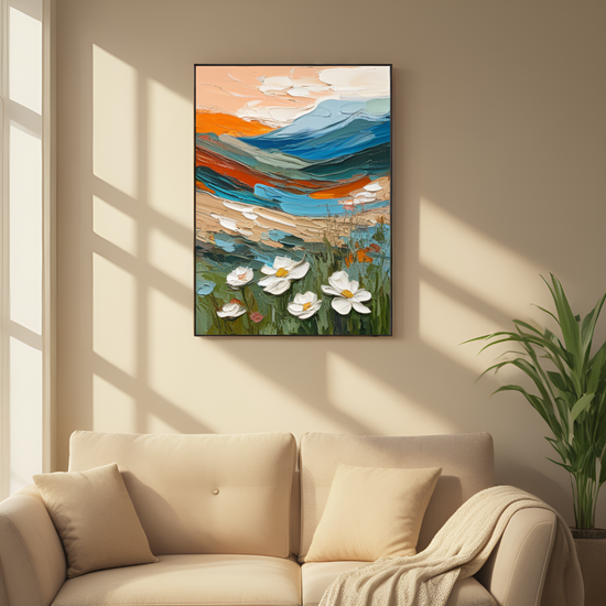 Enchanted Landscape at Dusk: Where Mountains and Flowers Converge