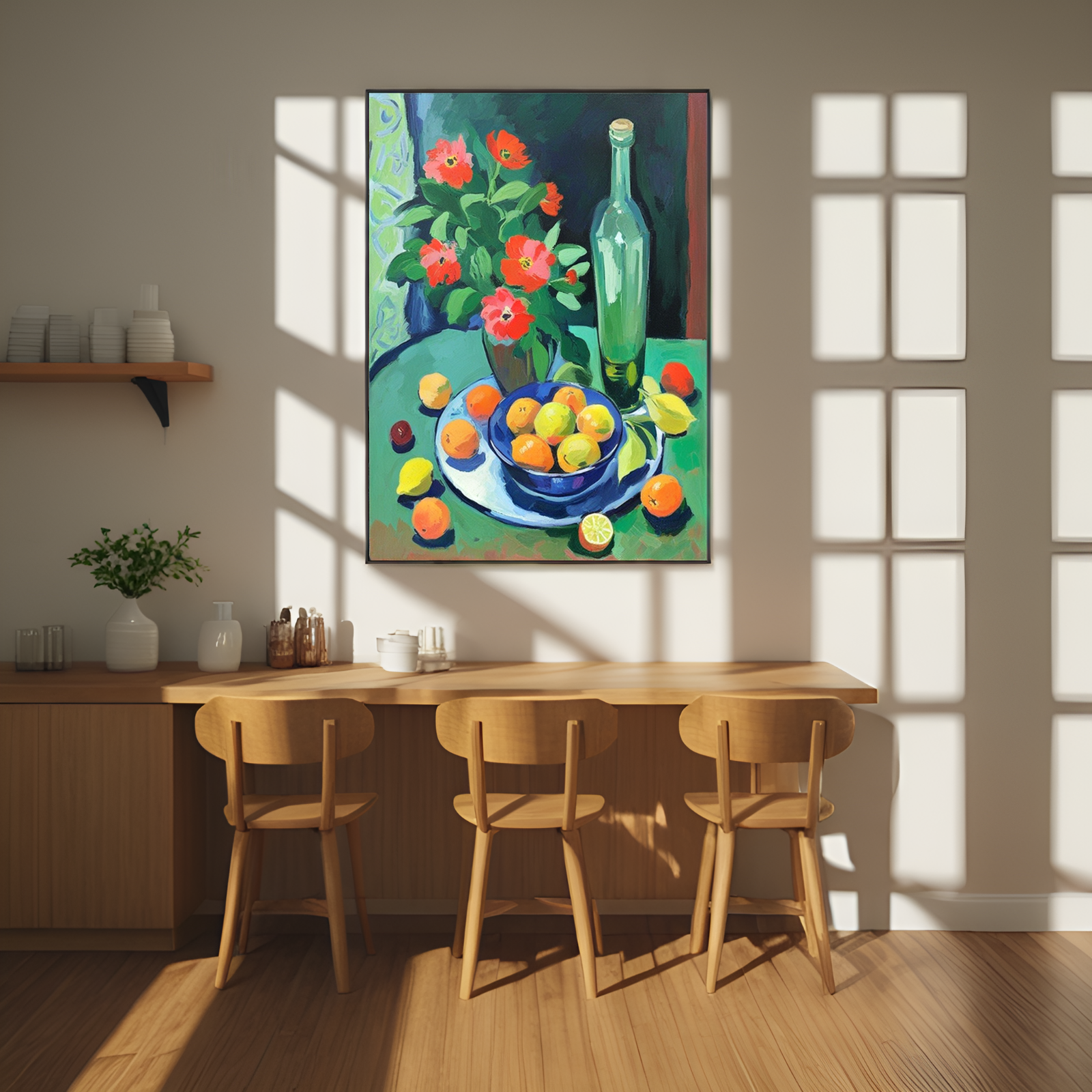 Symphonie de natures mortes : fruits, fleurs et bouteille 