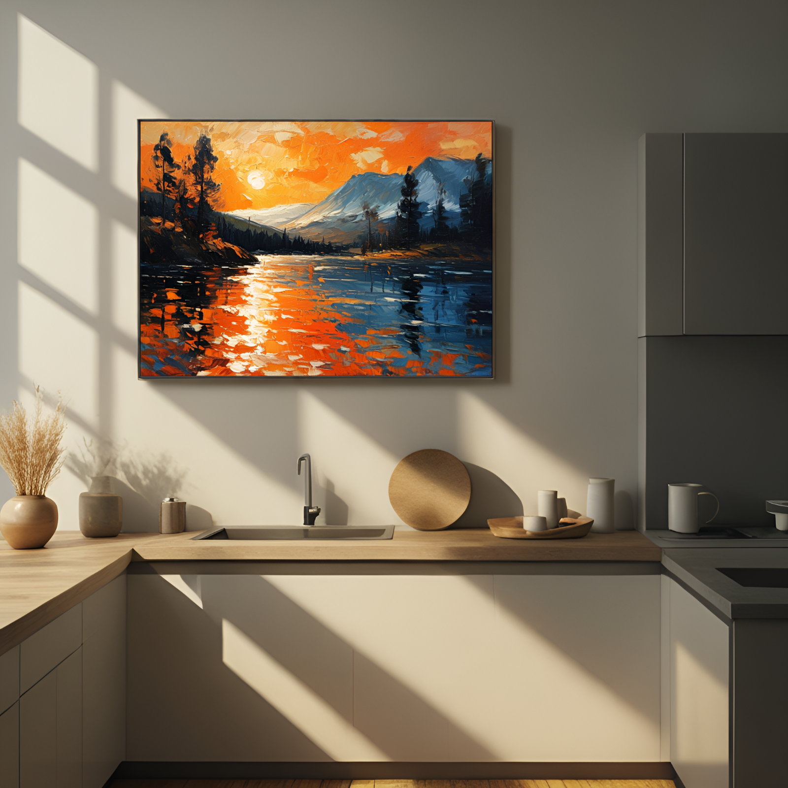 Fiery Sunset over Mountain Lake