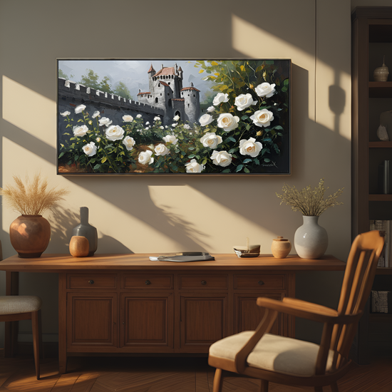 Château entouré de roses blanches 
