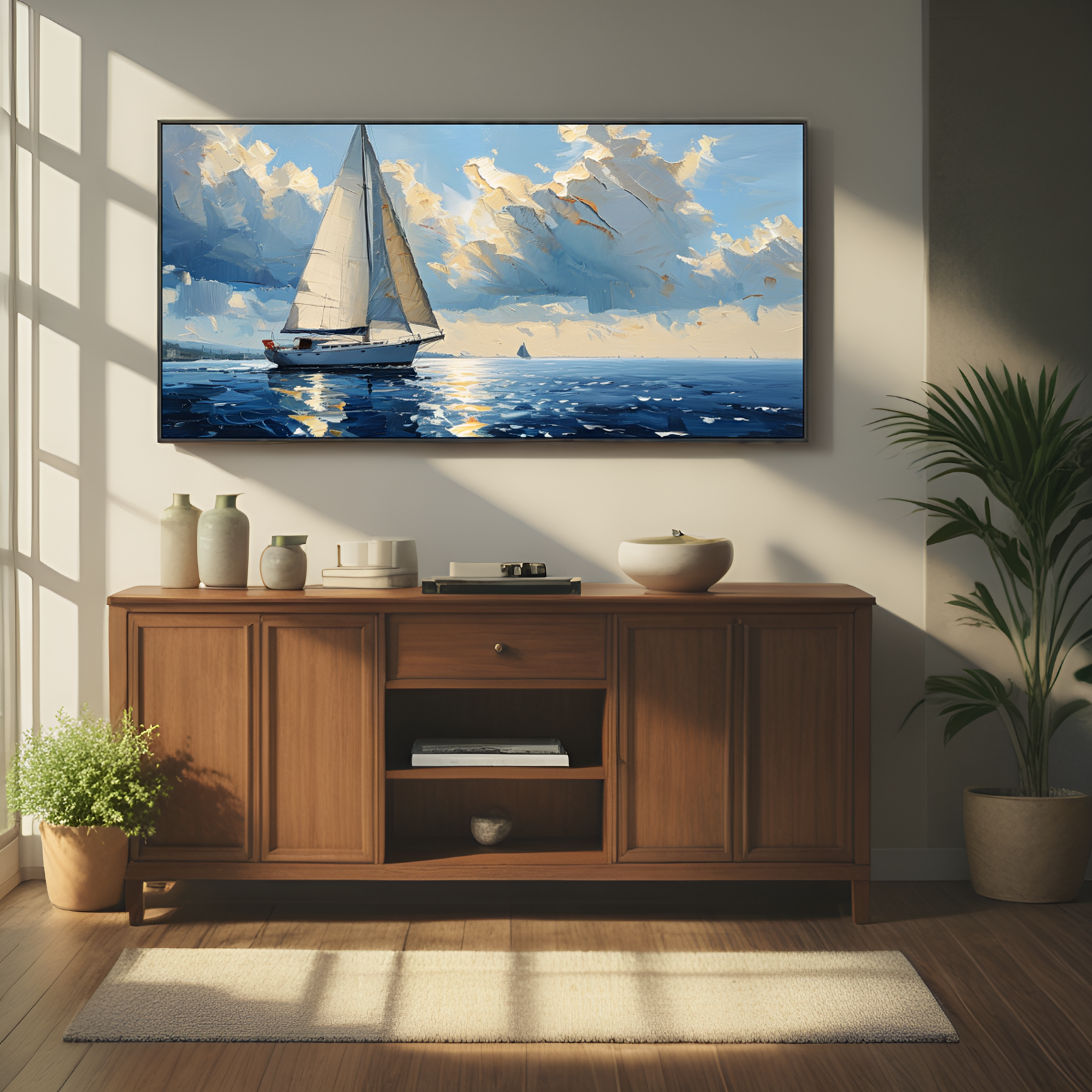 Sailboat on a Serene Sea under Cloudy Sky