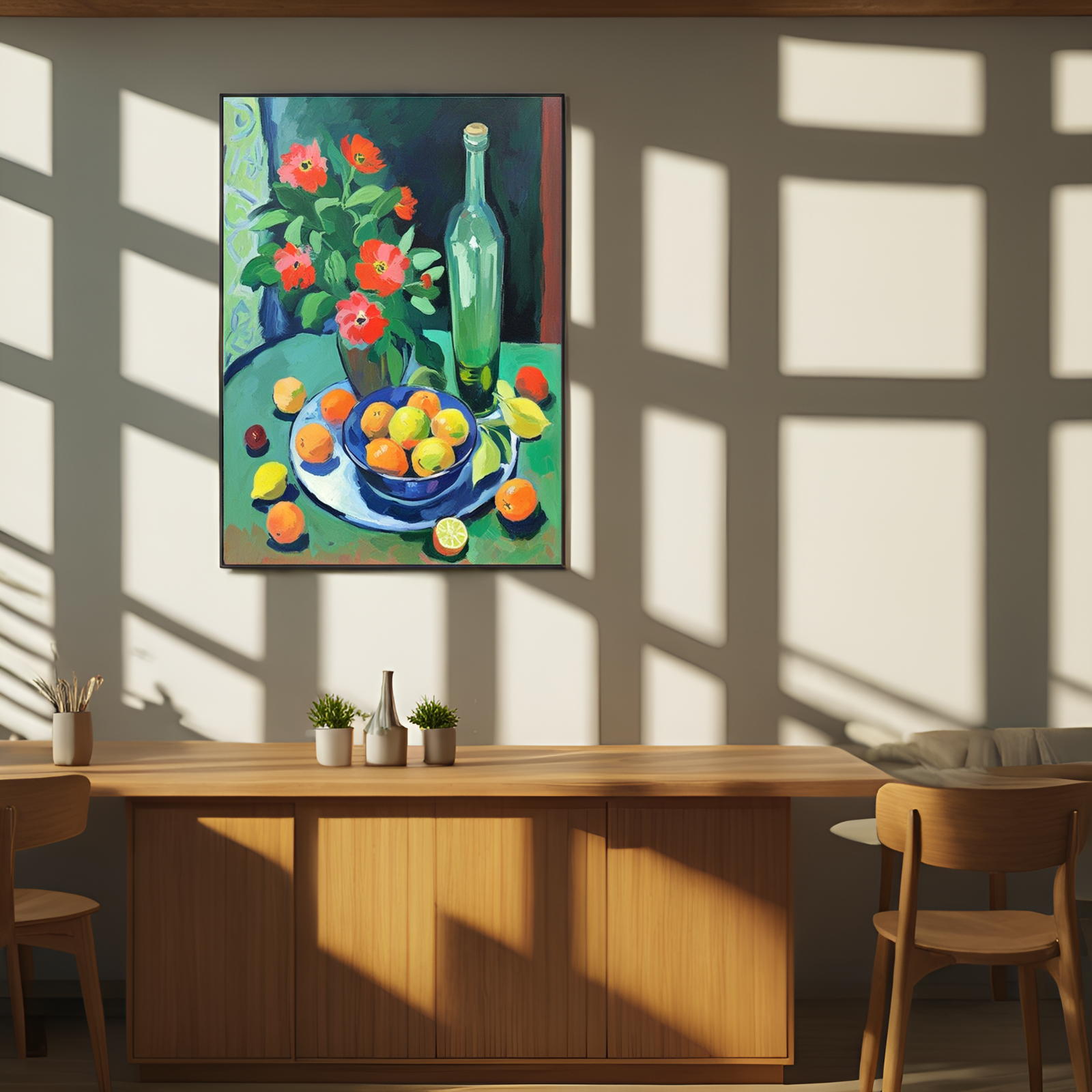 Symphonie de natures mortes : fruits, fleurs et bouteille 