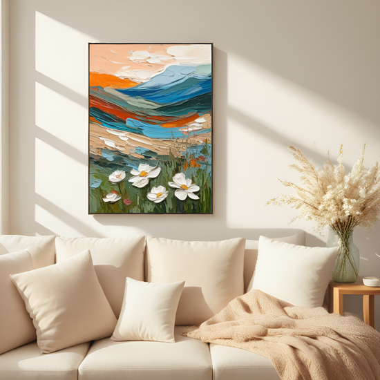 Enchanted Landscape at Dusk: Where Mountains and Flowers Converge