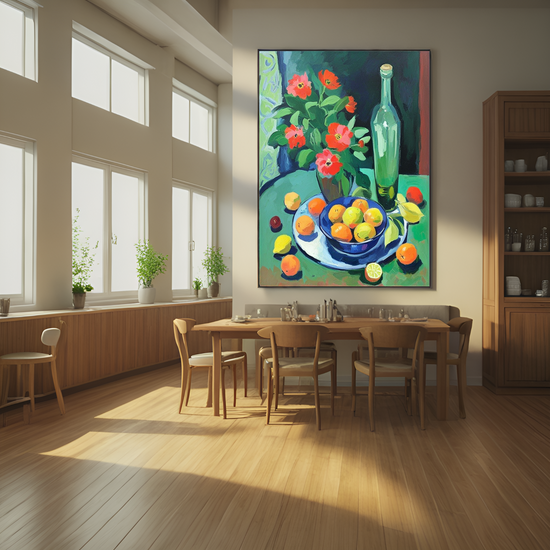 Symphonie de natures mortes : fruits, fleurs et bouteille 