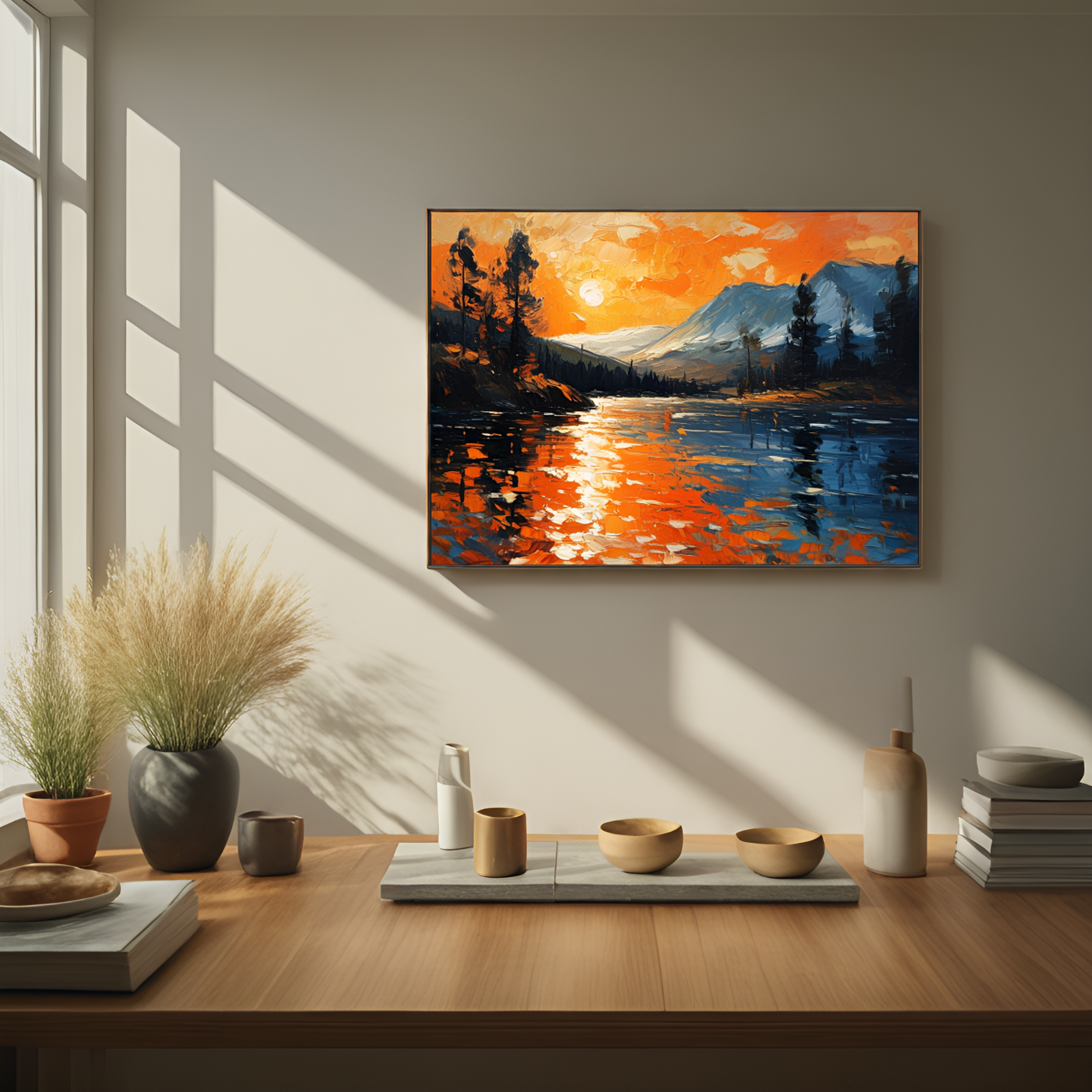 Fiery Sunset over Mountain Lake