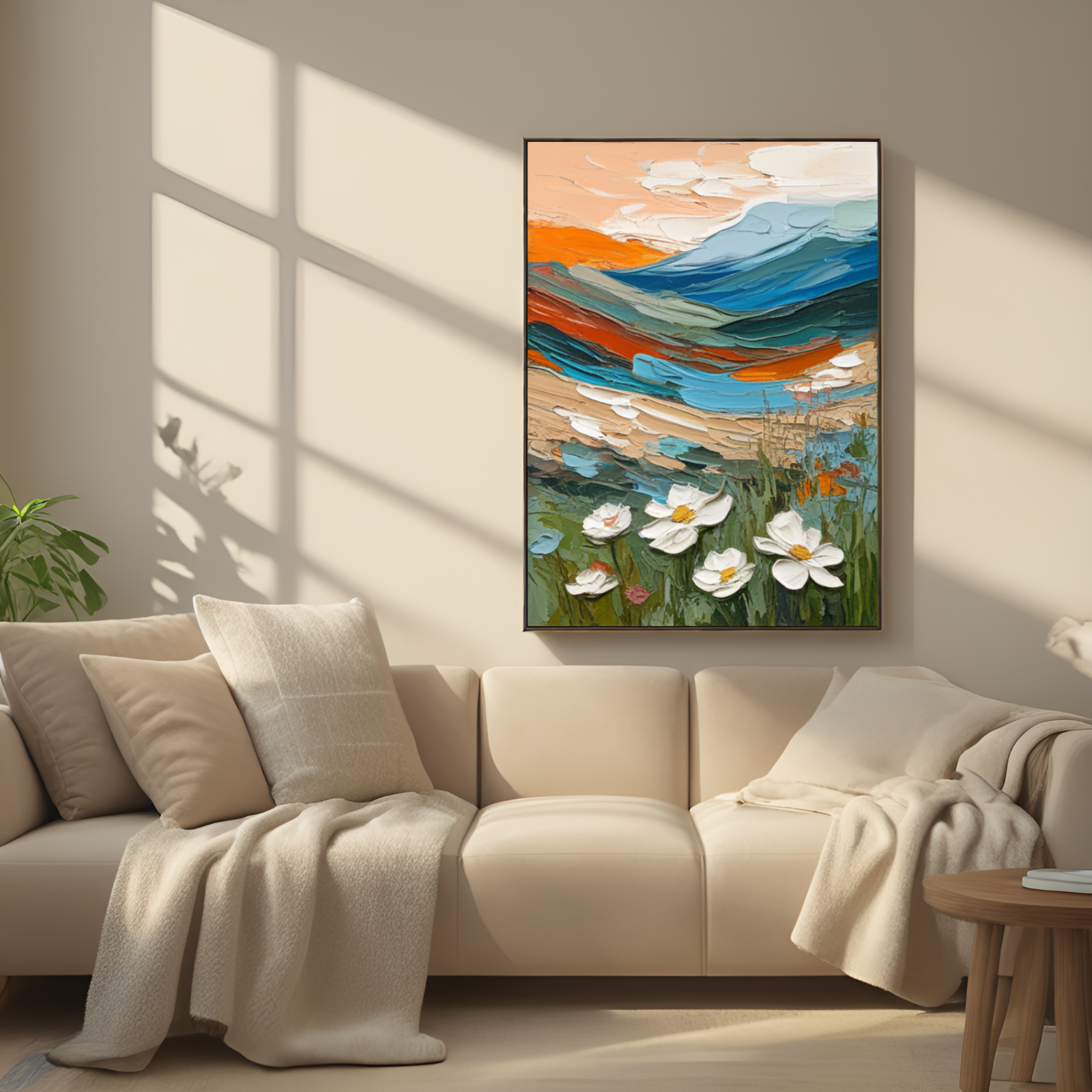 Enchanted Landscape at Dusk: Where Mountains and Flowers Converge