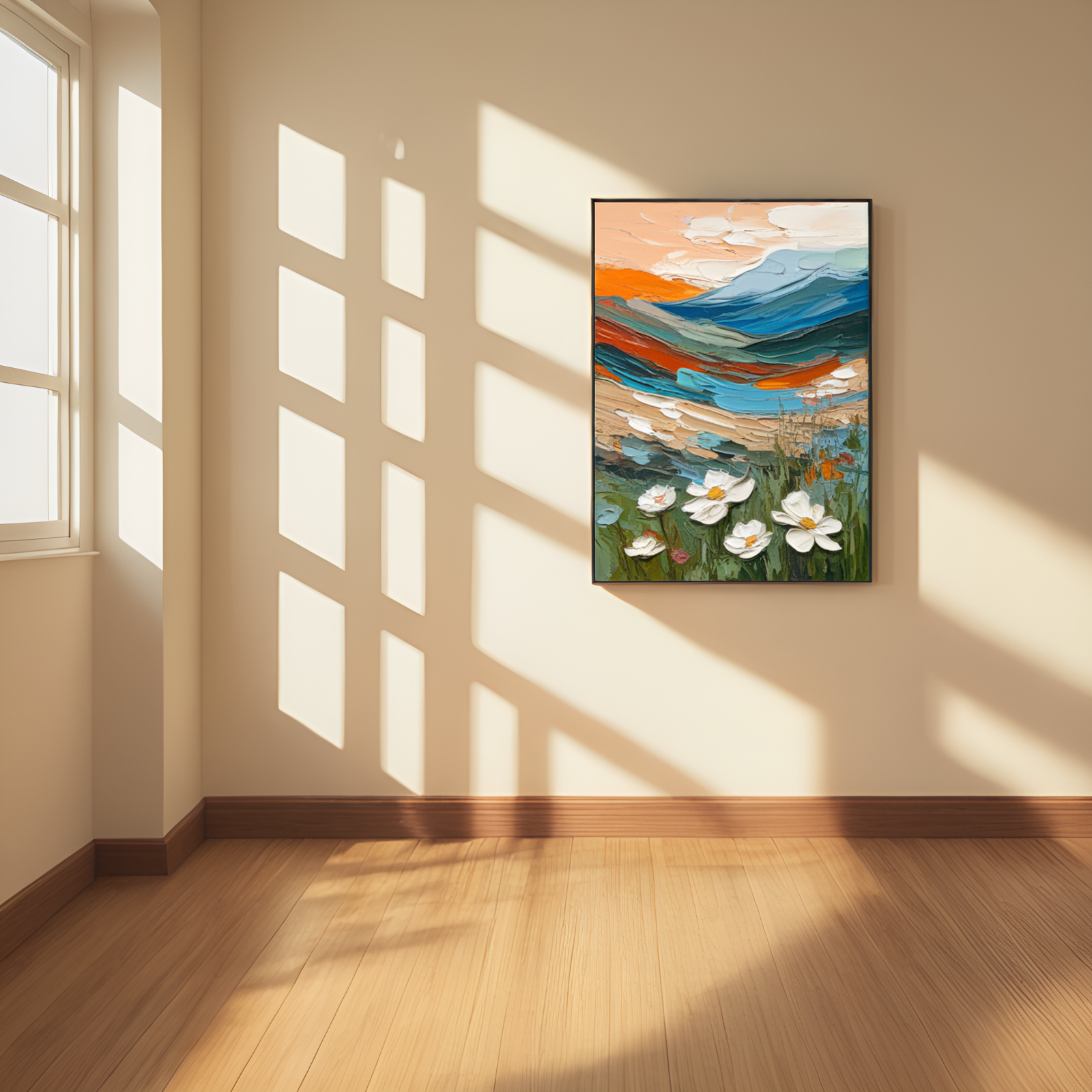 Enchanted Landscape at Dusk: Where Mountains and Flowers Converge