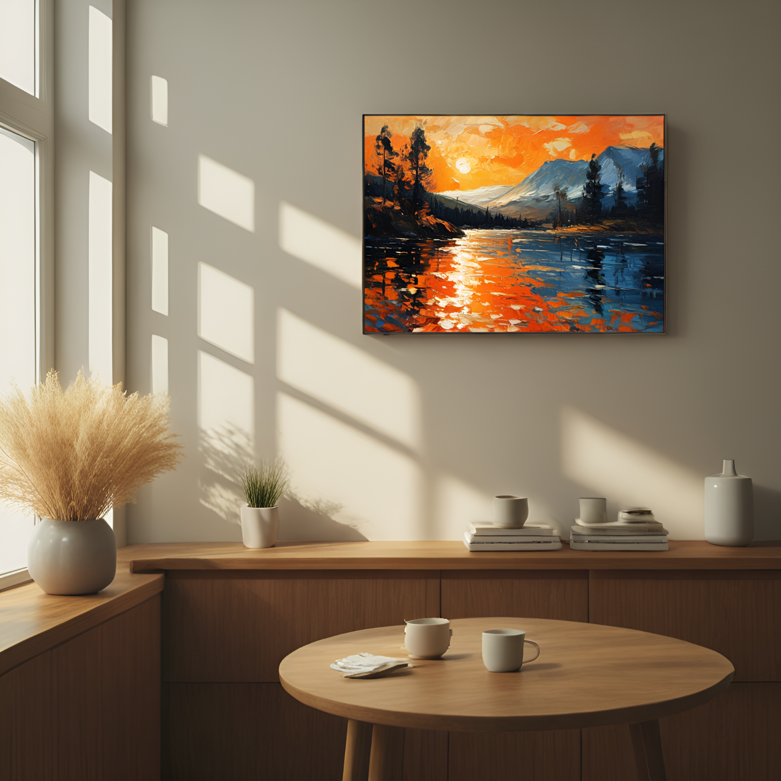 Fiery Sunset over Mountain Lake