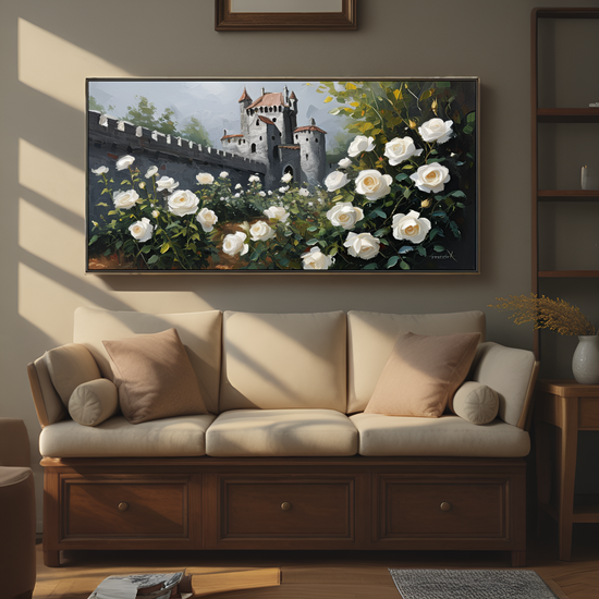 Château entouré de roses blanches 