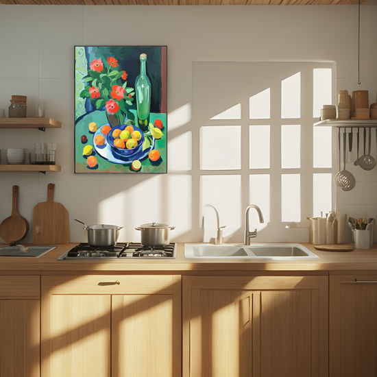 Symphonie de natures mortes : fruits, fleurs et bouteille 