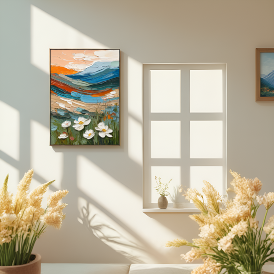 Enchanted Landscape at Dusk: Where Mountains and Flowers Converge