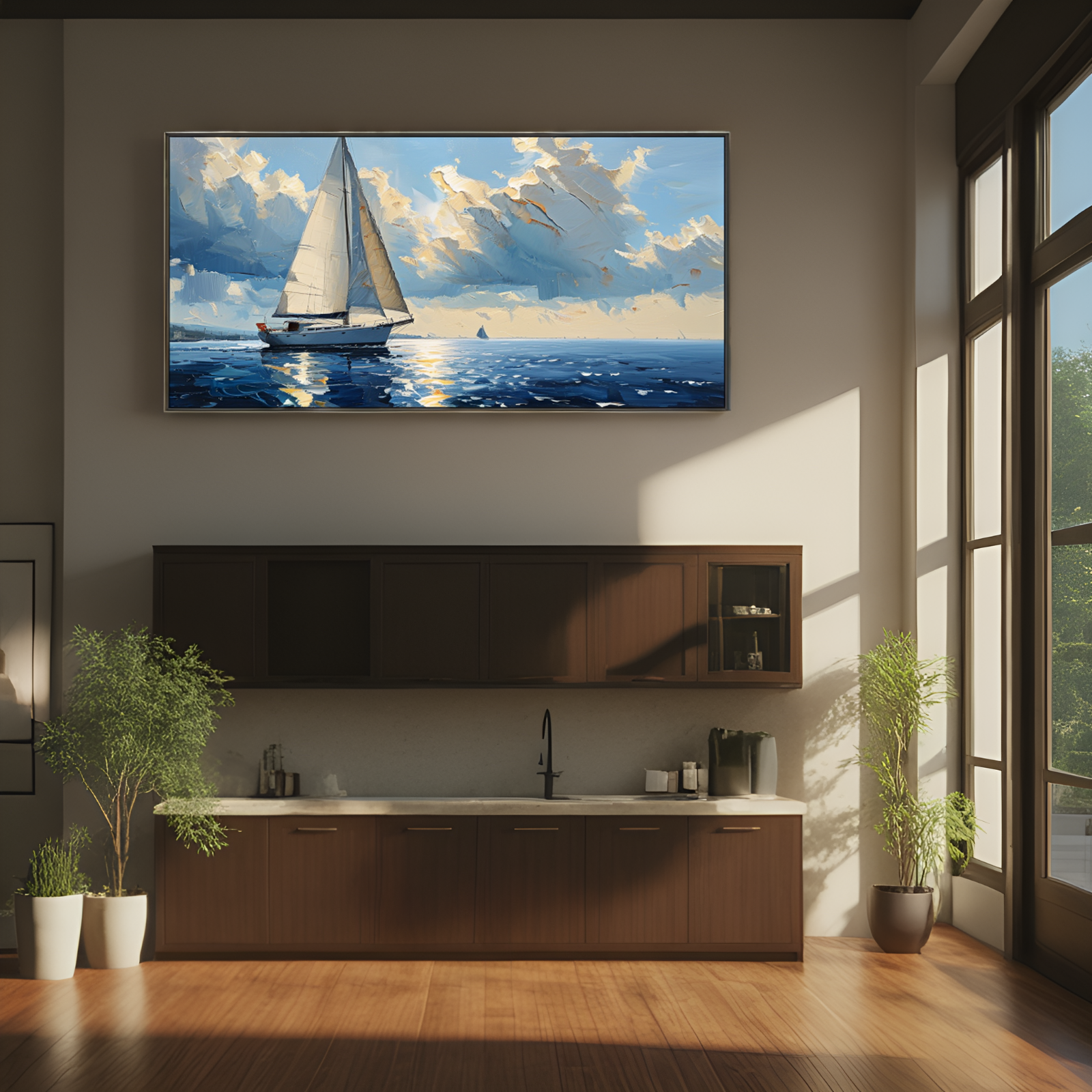 Sailboat on a Serene Sea under Cloudy Sky